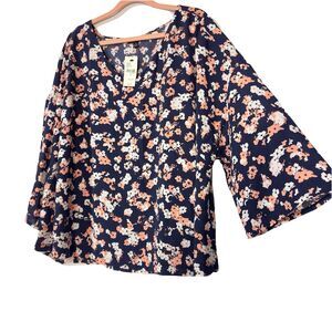 Lane Bryant Navy Floral Blouse Boxy Top Size 18 V-Neck Boho NWT